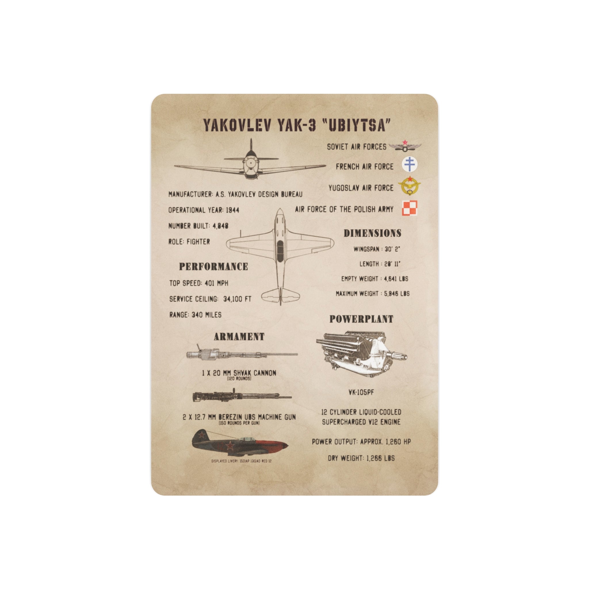 Metal Poster | Yakovlev Yak-3 Specs