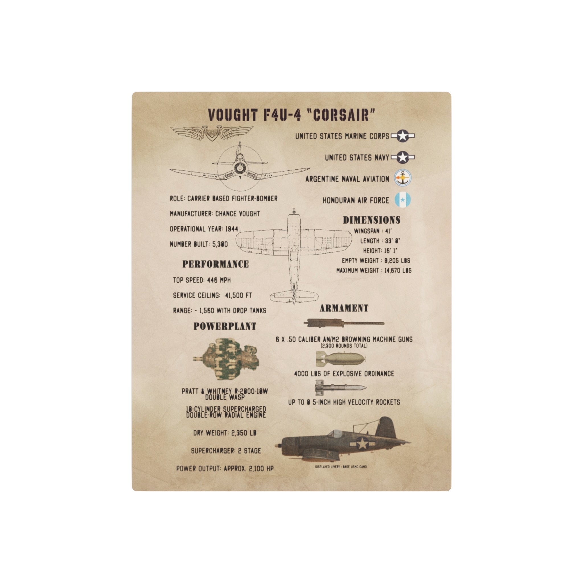 Metal Poster | F4U-4 "Corsair" Specs