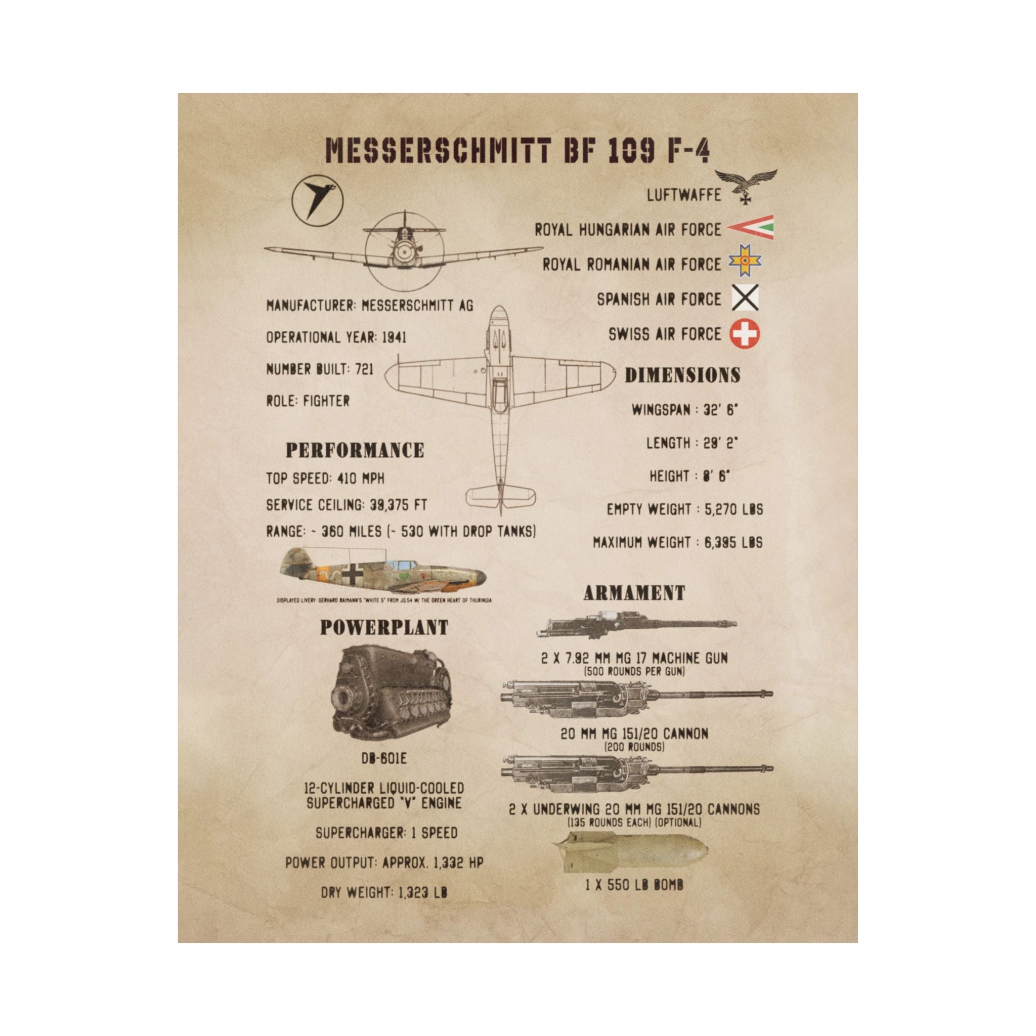 Matte Poster | Messerschmitt Bf 109 F-4 Specs