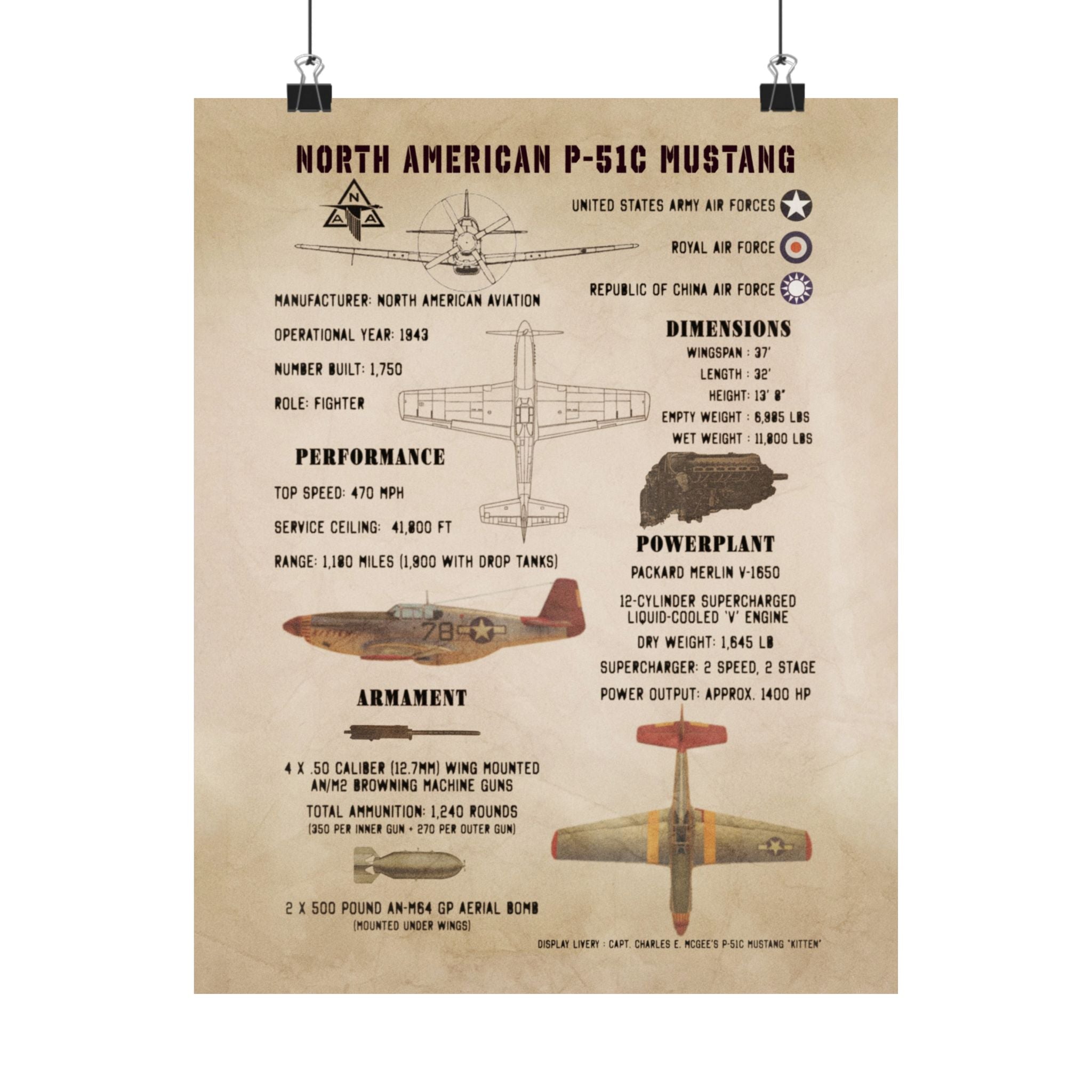 Matte Poster | P-51C Mustang Specs