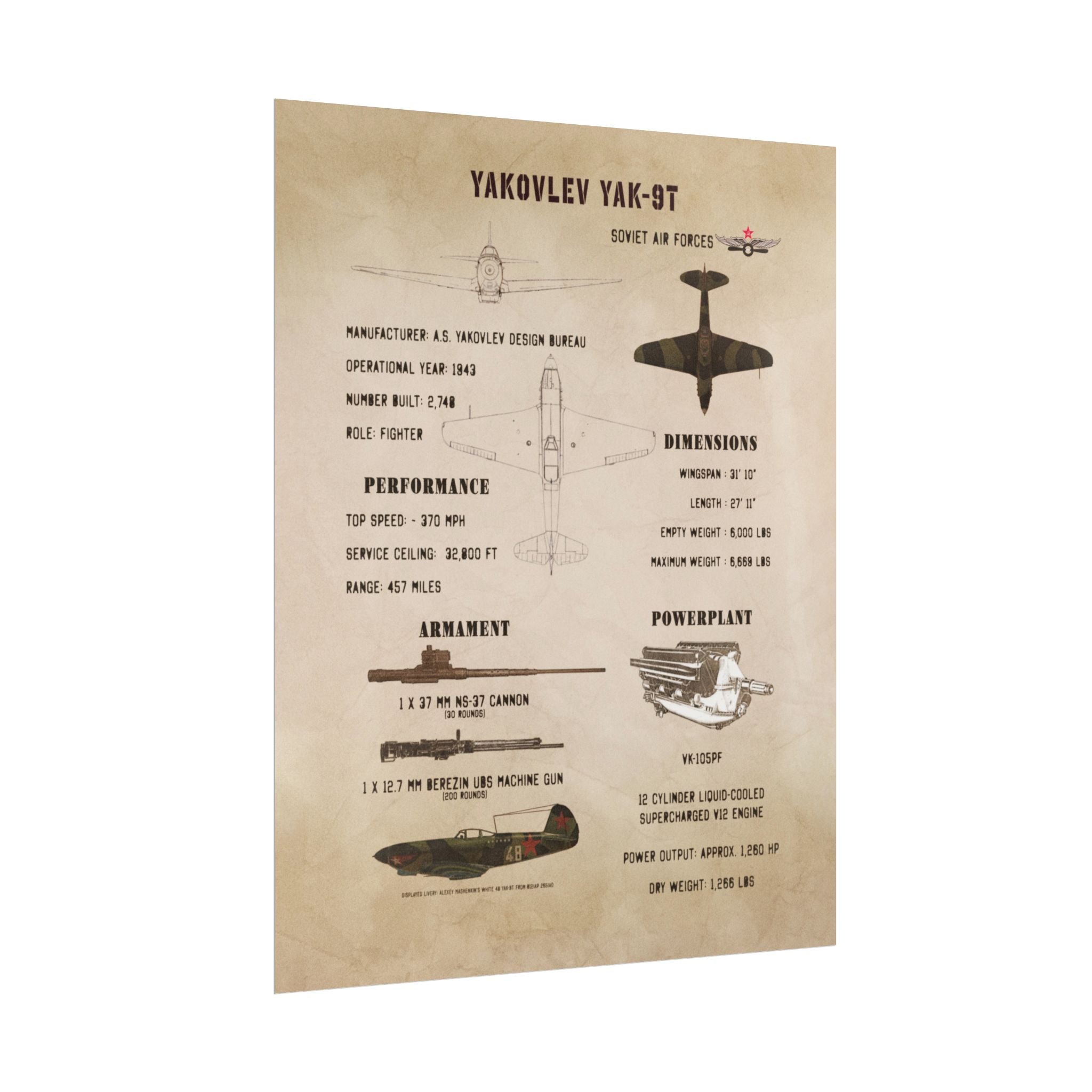 Vintage Glossy Poster | Yakovlev Yak-9T Specs