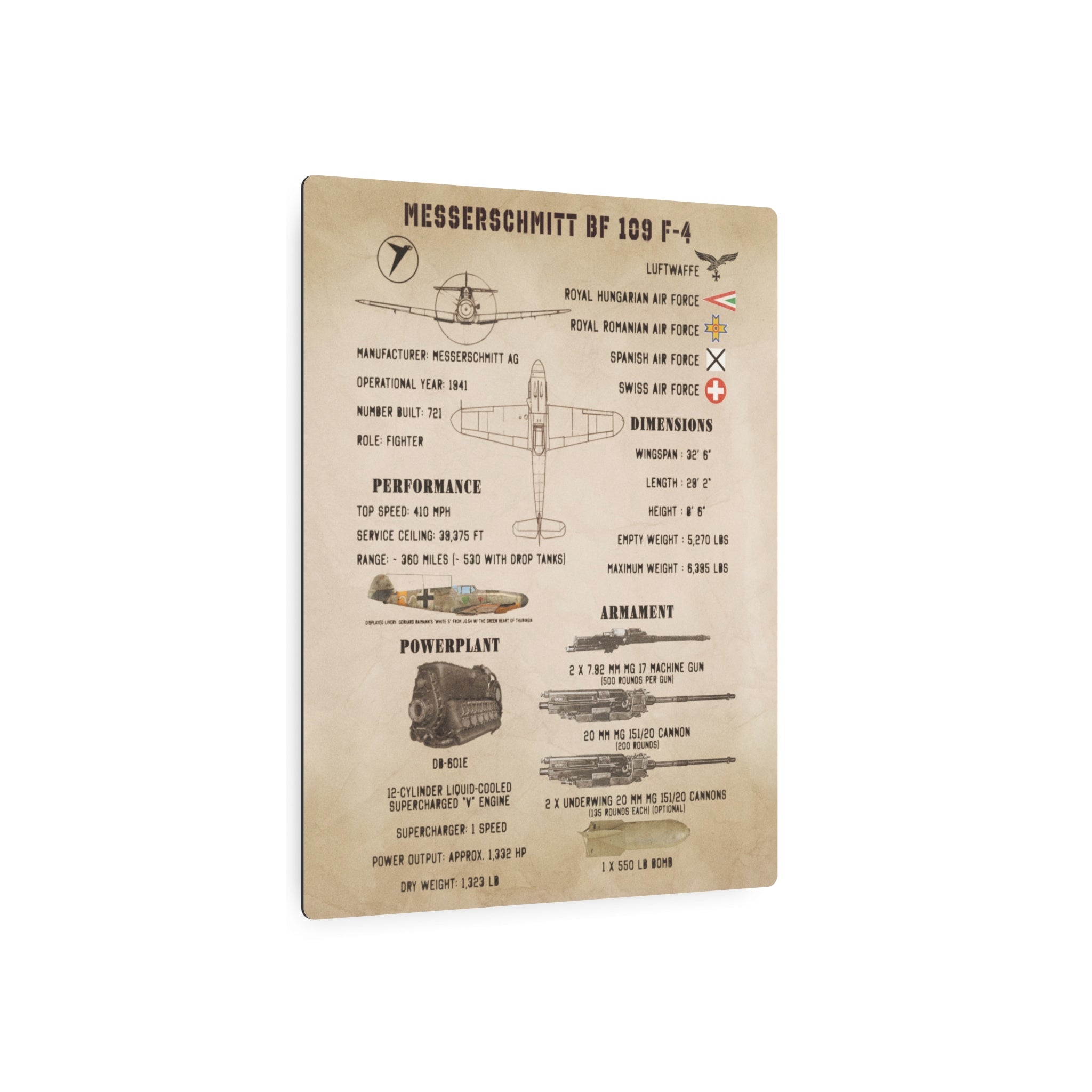 Metal Poster | Messerschmitt Bf 109 F-4 Specs