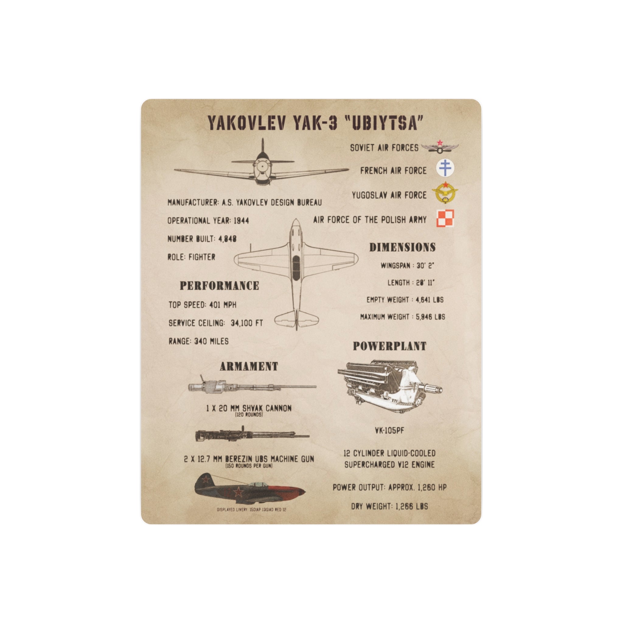 Metal Poster | Yakovlev Yak-3 Specs