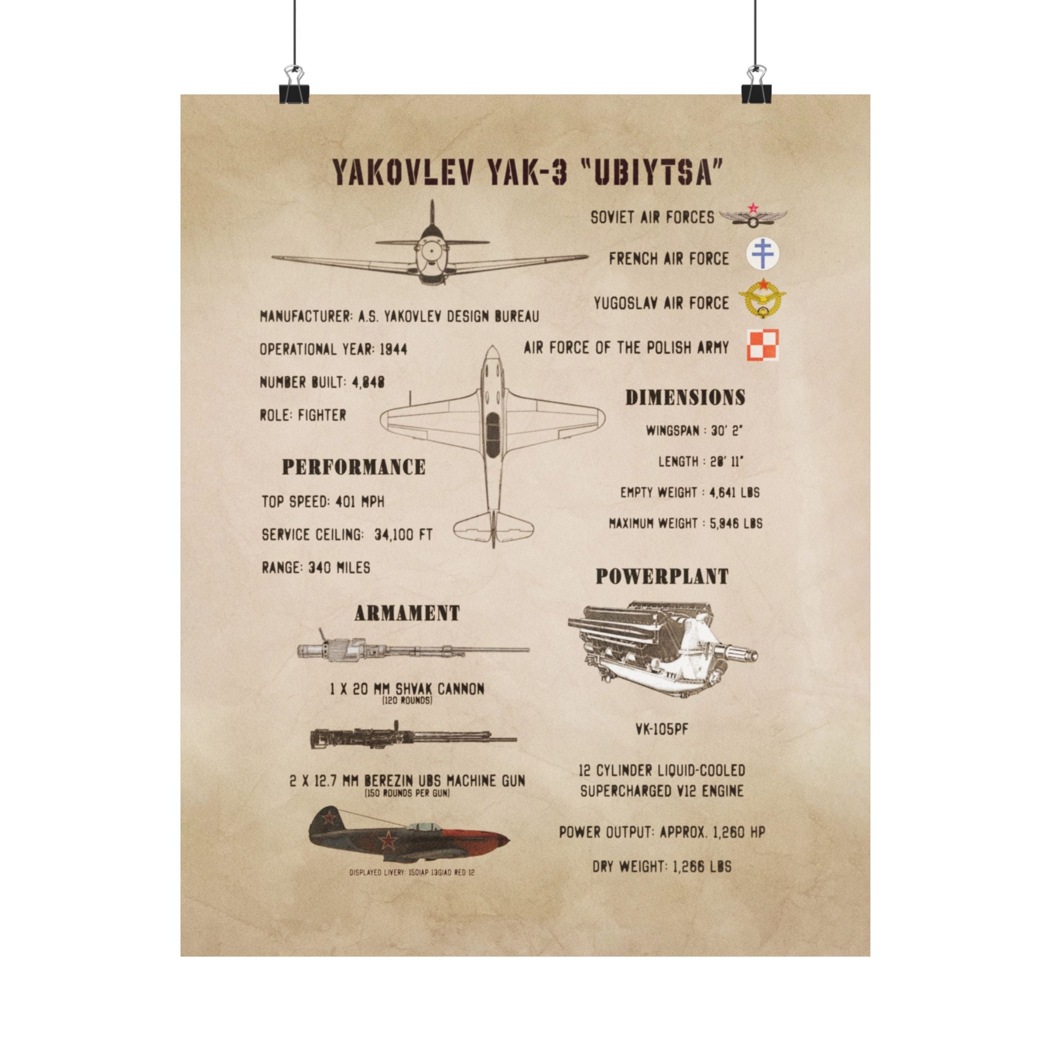 Matte Poster | Yakovlev Yak-3 Specs