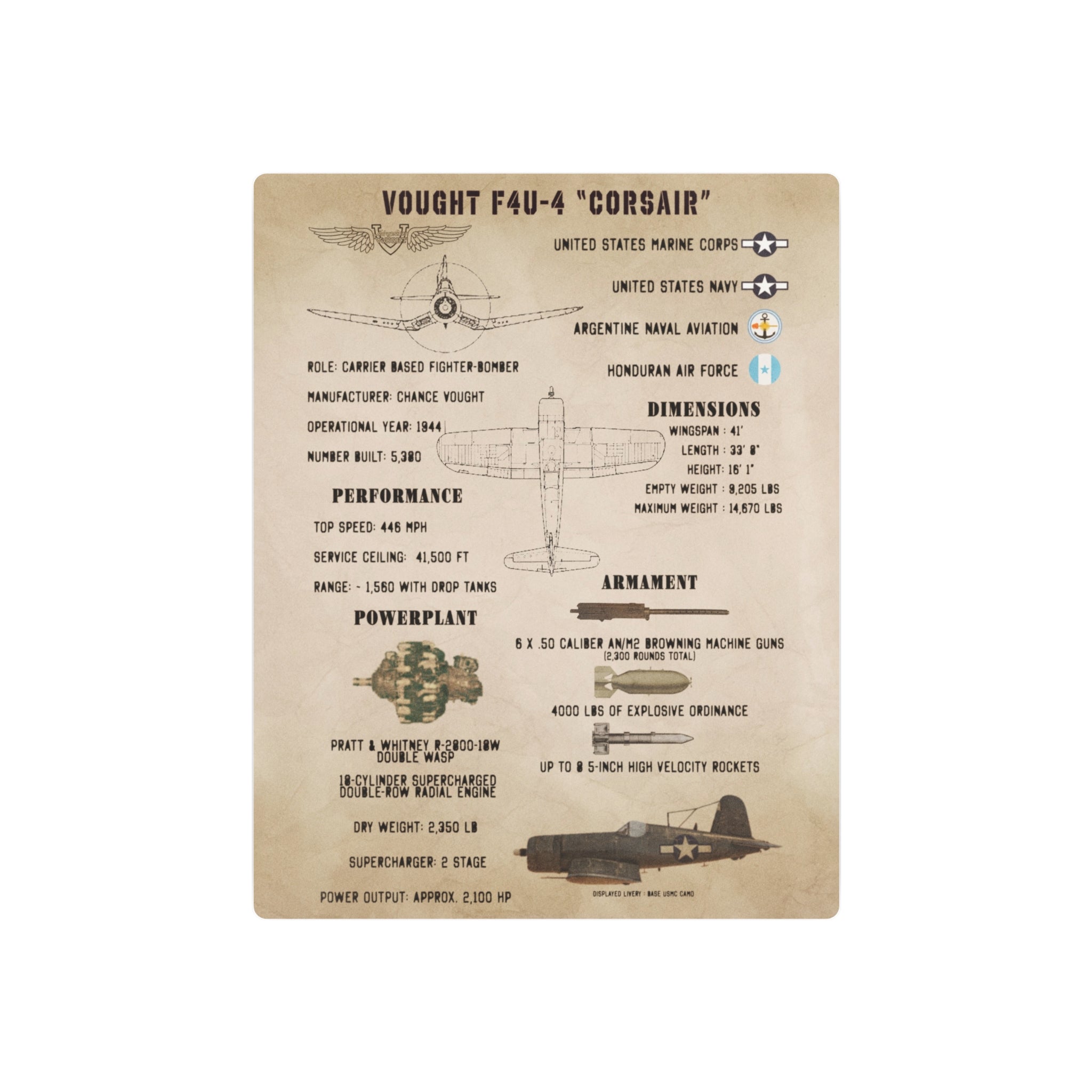 Metal Poster | F4U-4 "Corsair" Specs