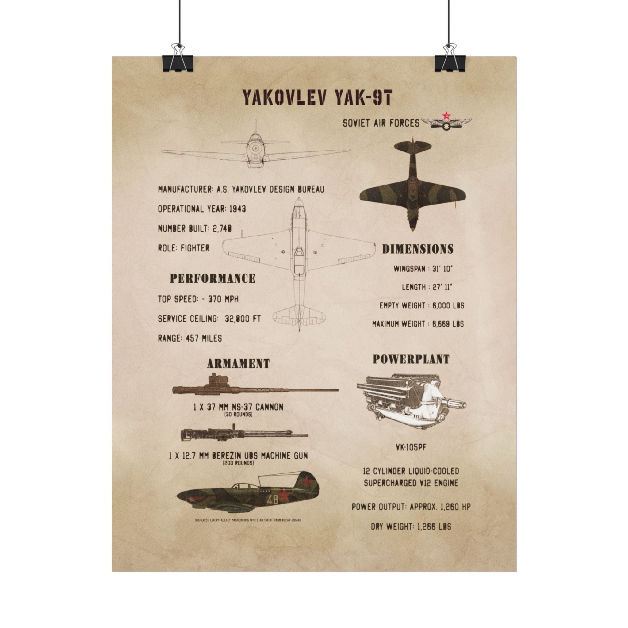 Vintage Glossy Poster | Yakovlev Yak-9T Specs