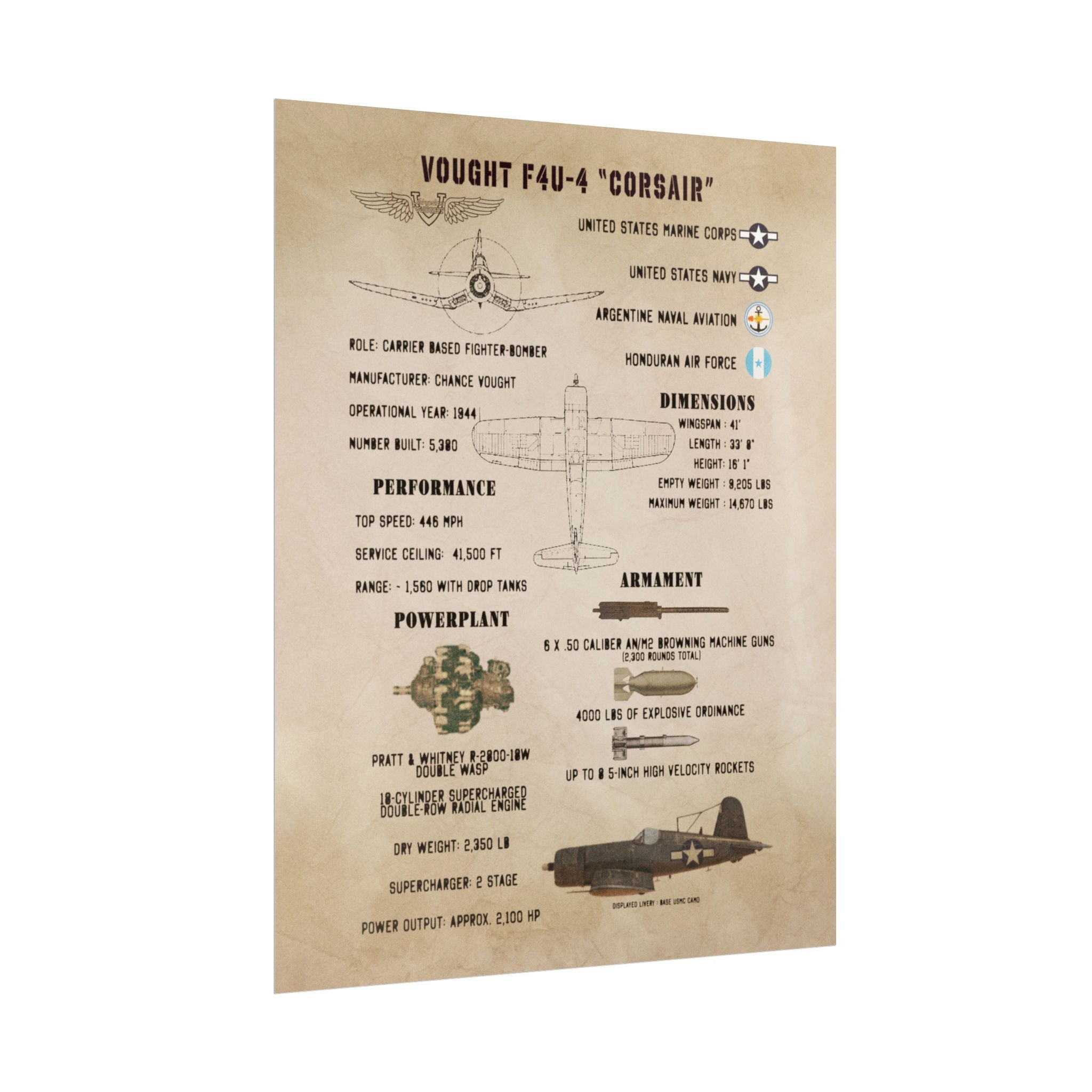 Vintage Glossy Poster | F4U-4 "Corsair" Specs