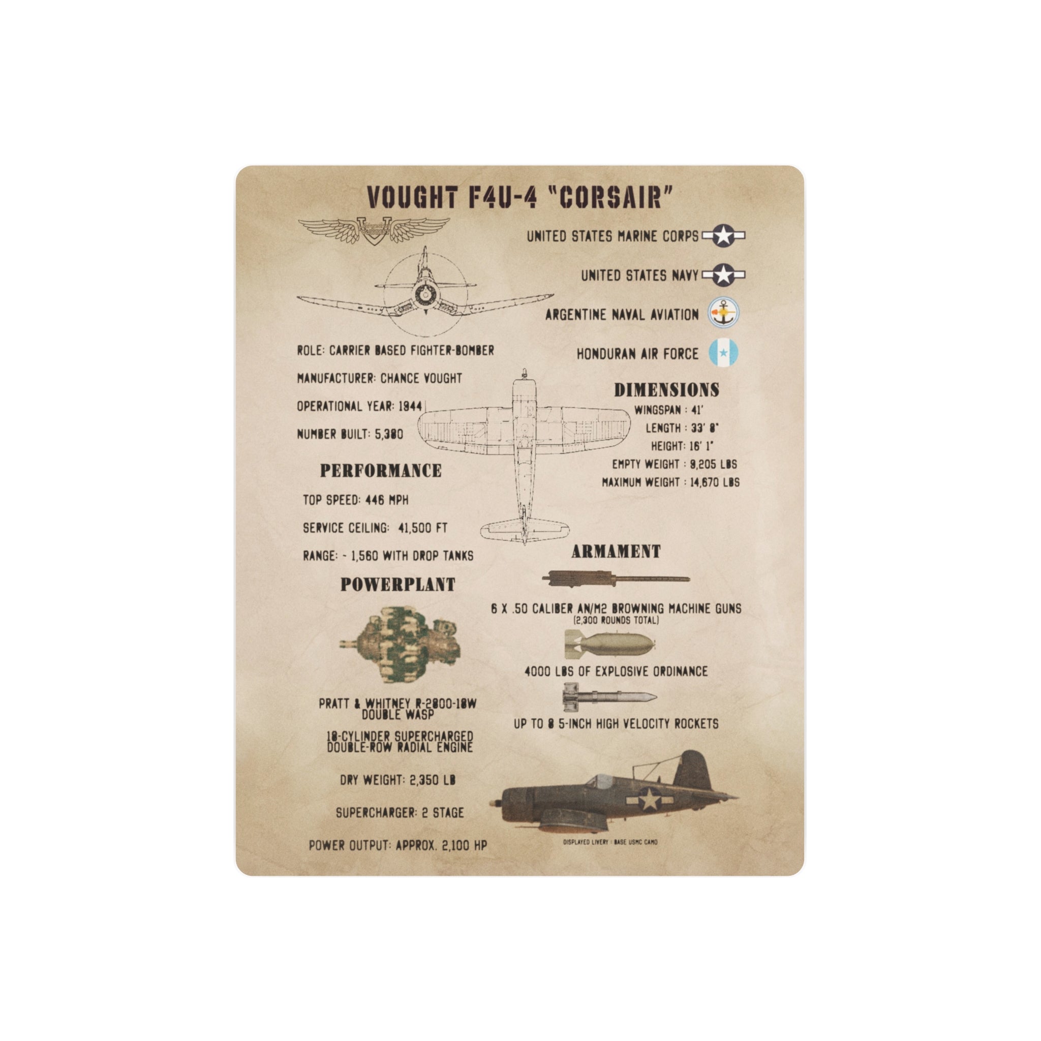 Metal Poster | F4U-4 "Corsair" Specs