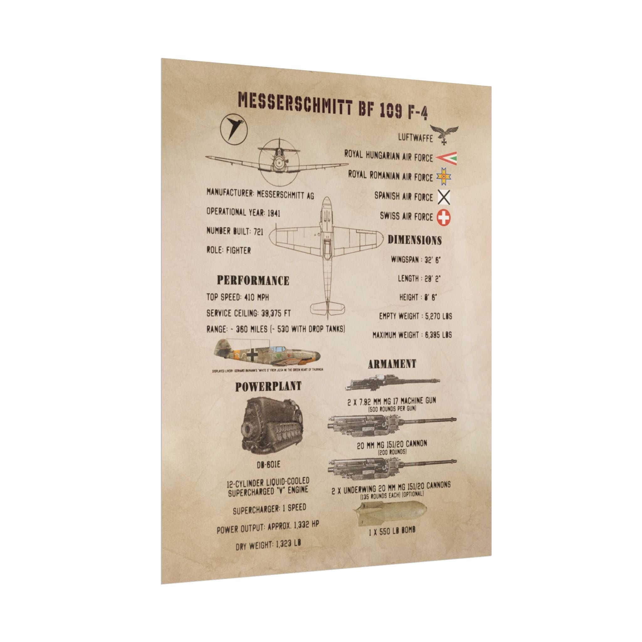 Vintage Glossy Poster | Messerschmitt Bf 109 F-4 Specs