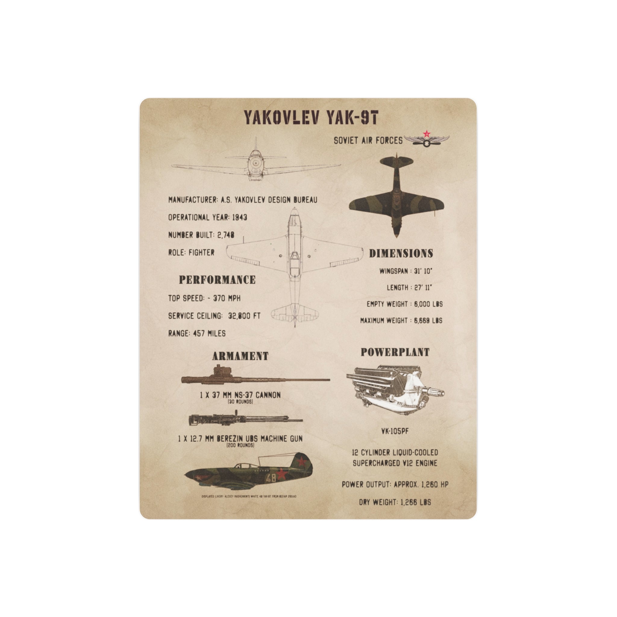 Metal Poster | Yakovlev Yak-9T Specs